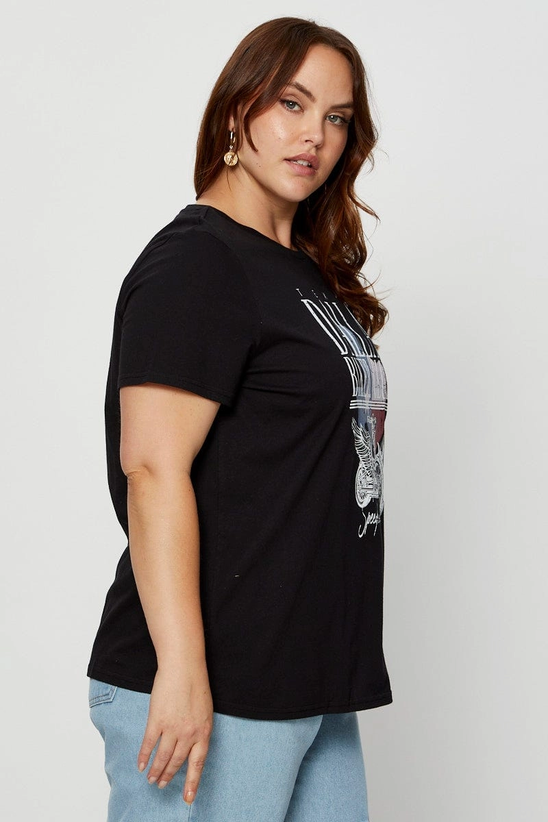 Quick Dry Performance Black Graphic T-shirt Crew Neck Short Sleeve