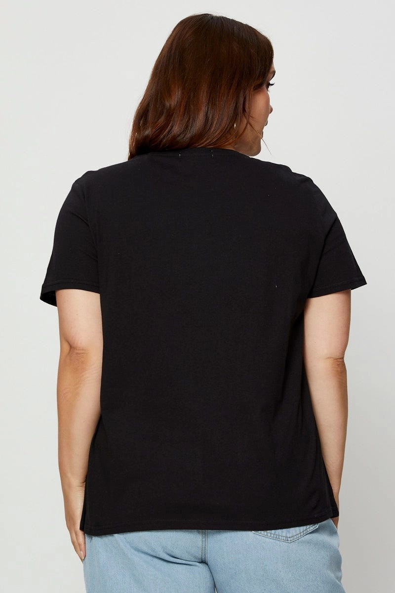 Reinforced Shoulder Stitching Black Graphic T-shirt Crew Neck Short Sleeve