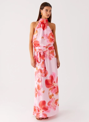 Diablo Backless Maxi Dress - Blushing Blossom Premium Fabric Clean Texture