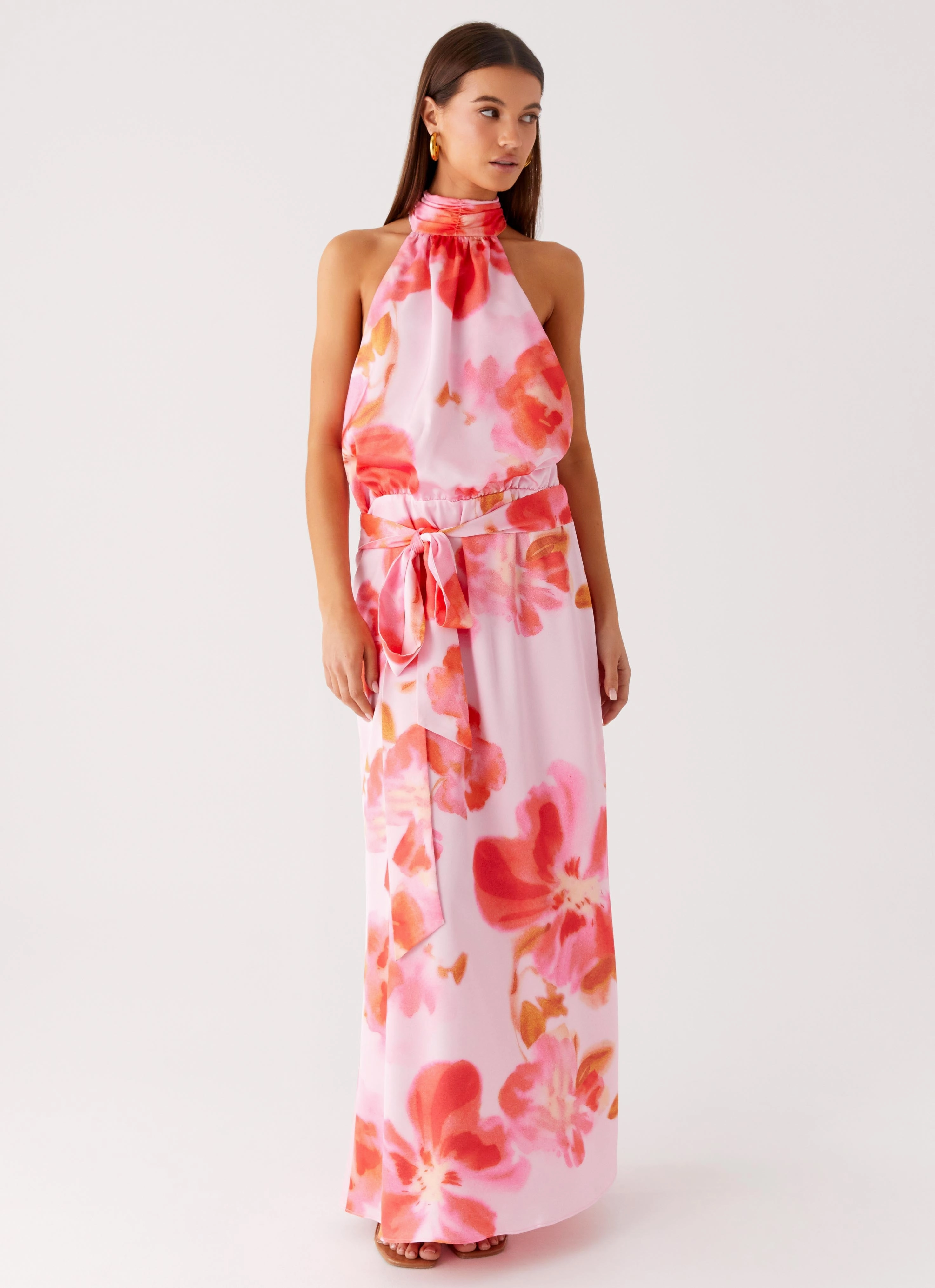 Diablo Backless Maxi Dress - Blushing Blossom Premium Fabric Clean Texture