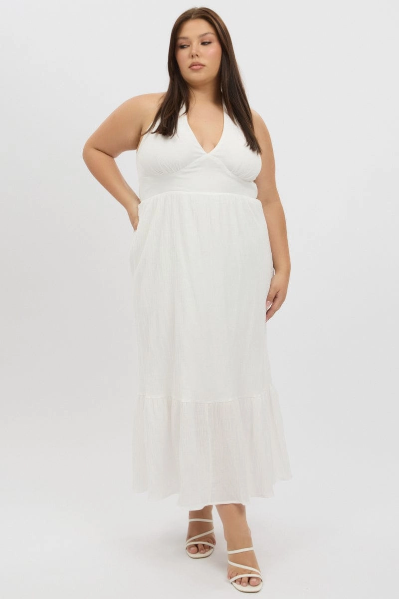 White Halter Neck Dress Sleeveless Textured Classic Move Elegant knee-length dress