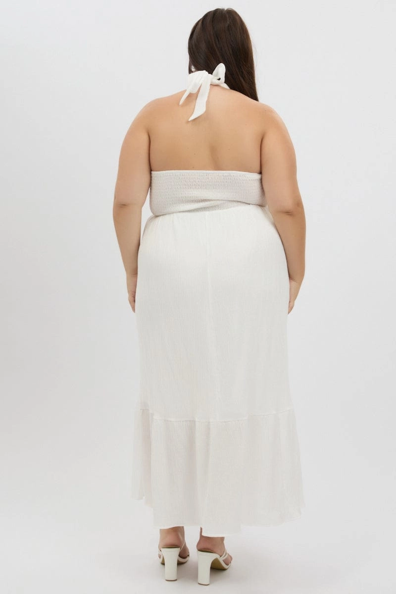 Silky Shape White Halter Neck Dress Sleeveless Textured