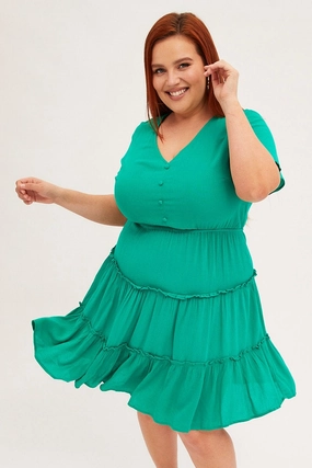 Urban Drape Green Mini Dress Short Sleeve Button Front Crinkle Rayon