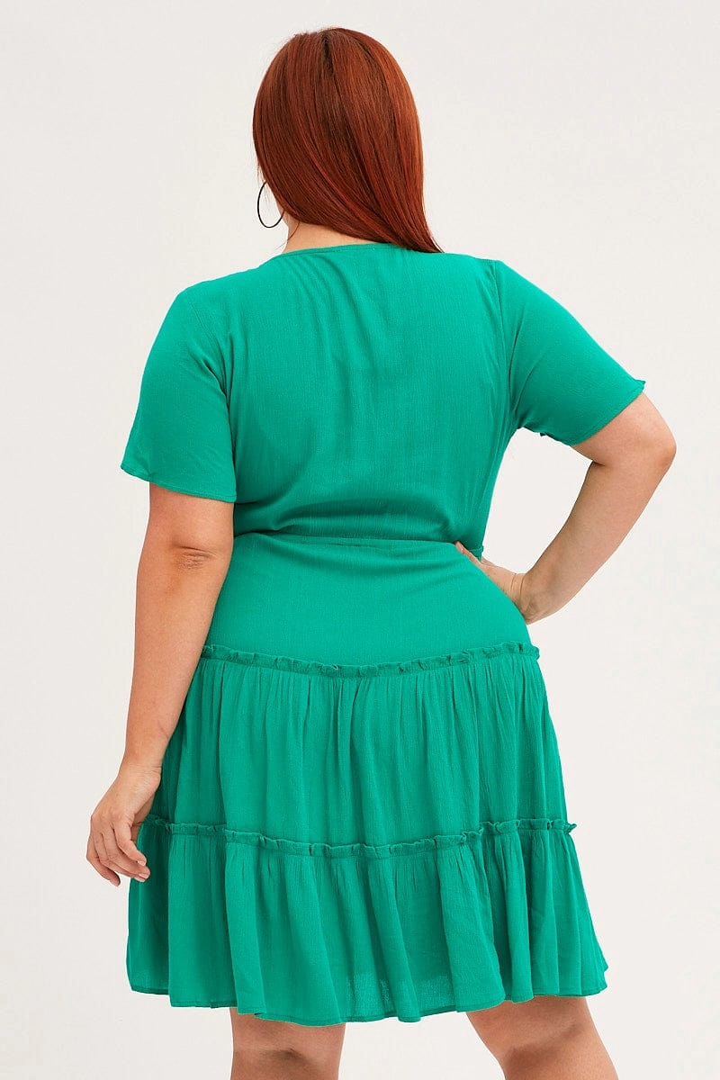 SeamlessConstruction Green Mini Dress Short Sleeve Button Front Crinkle Rayon