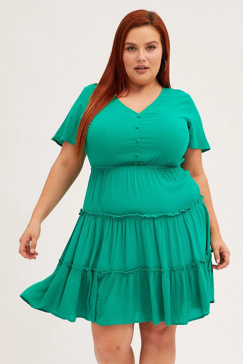 Green Mini Dress Short Sleeve Button Front Crinkle Rayon Peach Tone