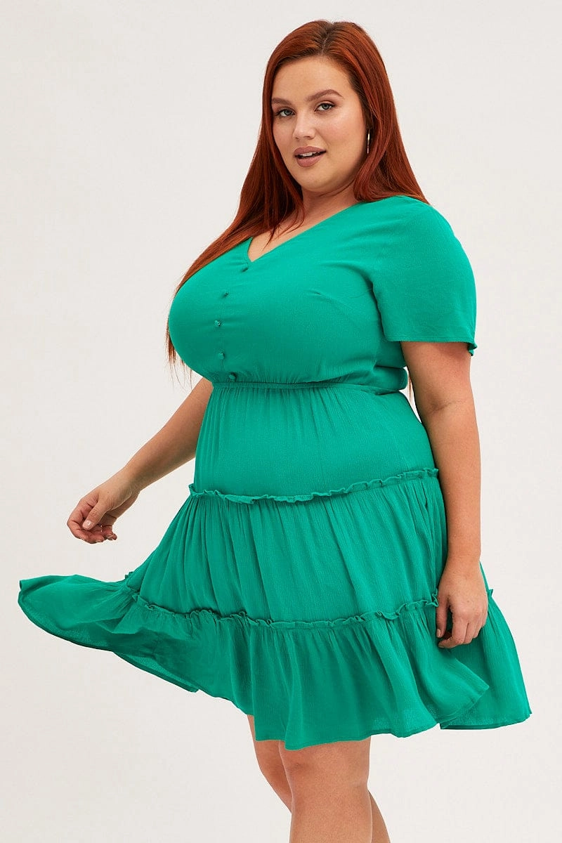Subtle pattern Green Mini Dress Short Sleeve Button Front Crinkle Rayon