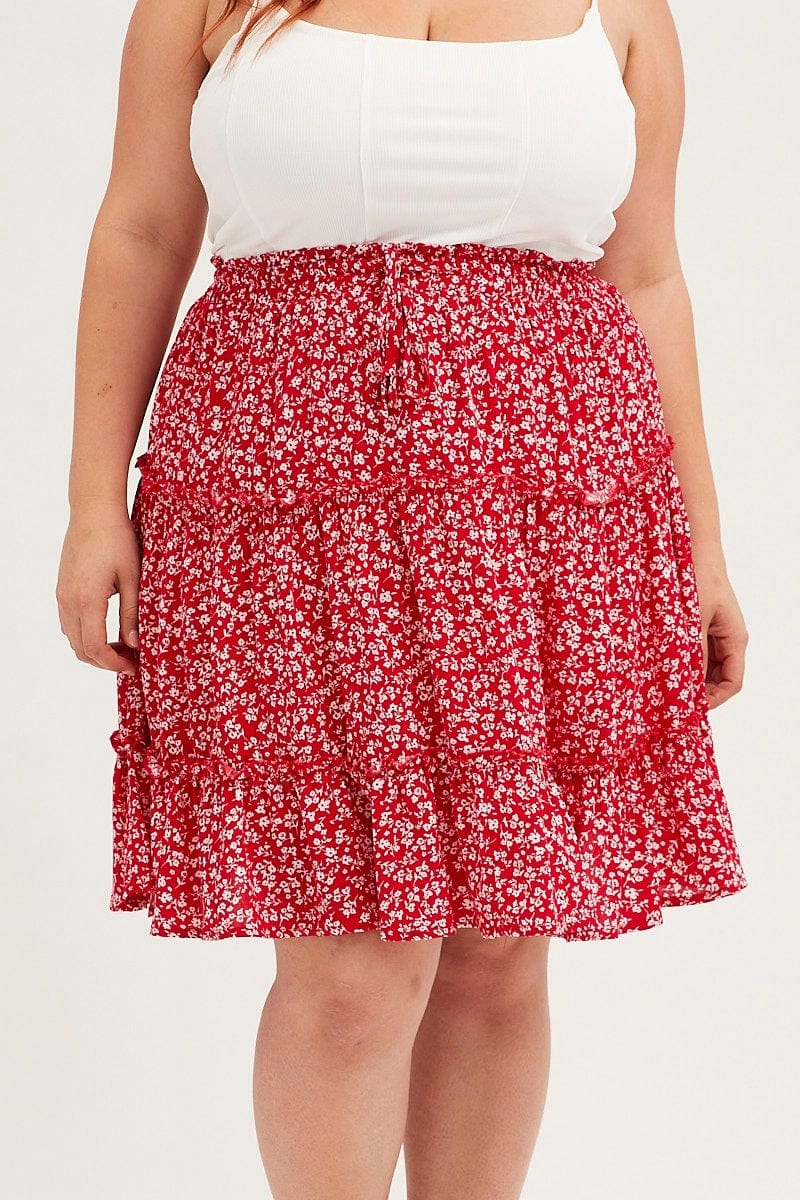Glamorous Appeal Travel Ease Red Ditsy Mini Skirt High Rise Tiered