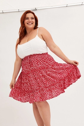 Red Ditsy Mini Skirt High Rise Tiered garden party