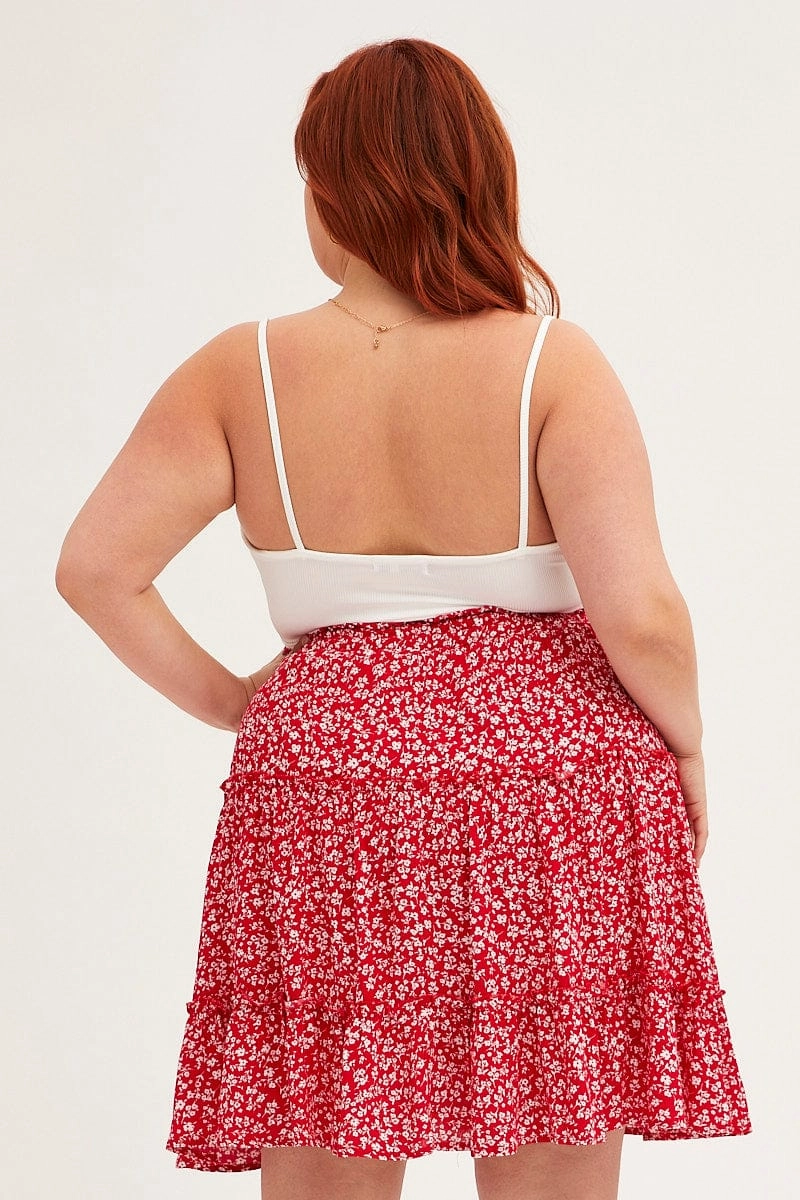 Red Ditsy Mini Skirt High Rise Tiered Artisanal Craft