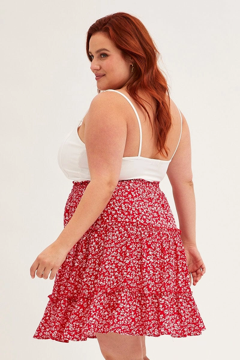 Red Ditsy Mini Skirt High Rise Tiered perforated design Personality Style