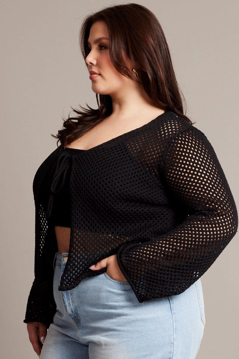 Black Crochet Cardigan Long Sleeve V-neck Tie Up Thick Insulation Effortless Travel Wear