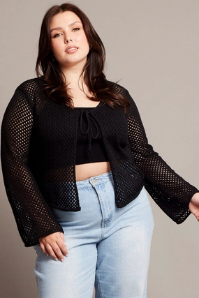 Vegan Leather Accents Elastic Binding Black Crochet Cardigan Long Sleeve V-neck Tie Up
