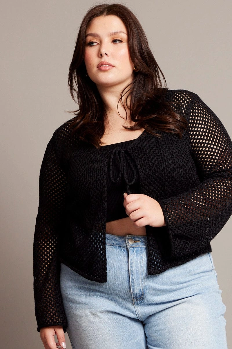 Double Breasted Black Crochet Cardigan Long Sleeve V-neck Tie Up