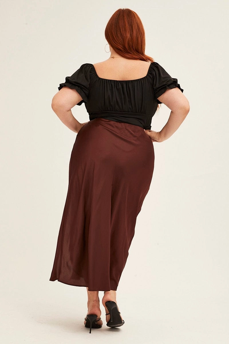 Double Layered Design Breezy Style Brown Midi Skirt Elastic Waist Slit Satin