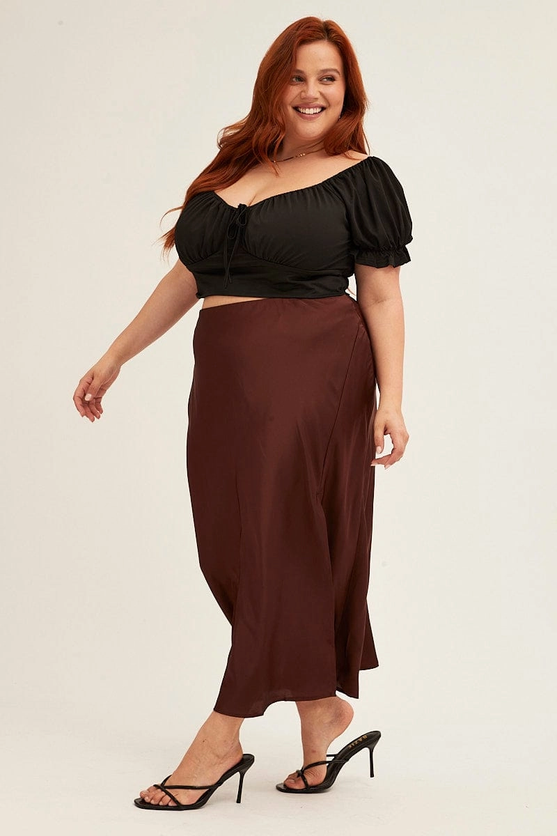 Brown Midi Skirt Elastic Waist Slit Satin Versatile Outfit Foldable Packability