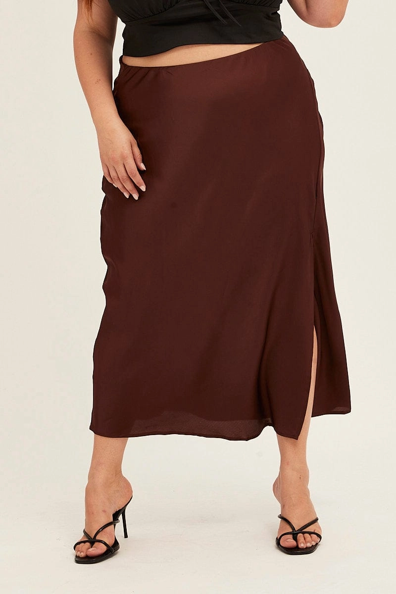 Tropical theme Weekend Style Brown Midi Skirt Elastic Waist Slit Satin