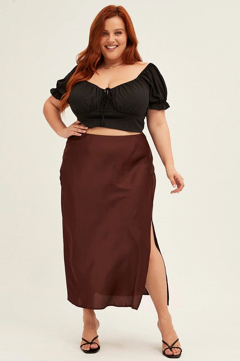 Brown Midi Skirt Elastic Waist Slit Satin Lightwear Look