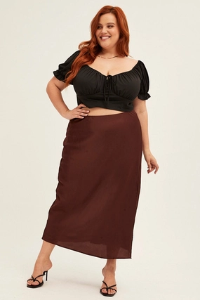 Ultra Comfort Brown Midi Skirt Elastic Waist Slit Satin