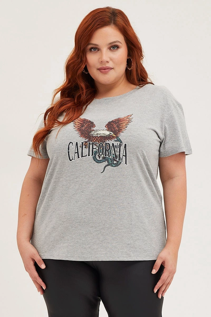 Grey Graphic T-shirt Eagle 1989 Short Sleeve Cotton Vibrant Prints
