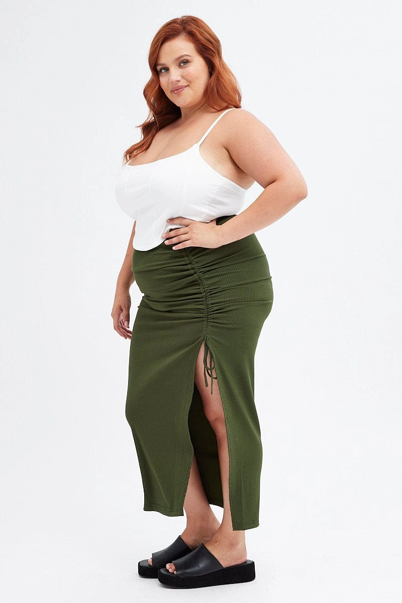 Green Rib Jersey Side Gathering Midi Skirt A line Runway Ready