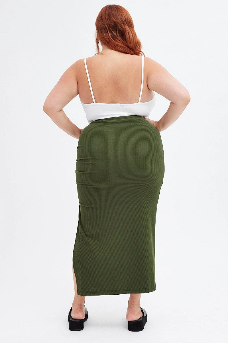 Green Rib Jersey Side Gathering Midi Skirt Built In Shorts