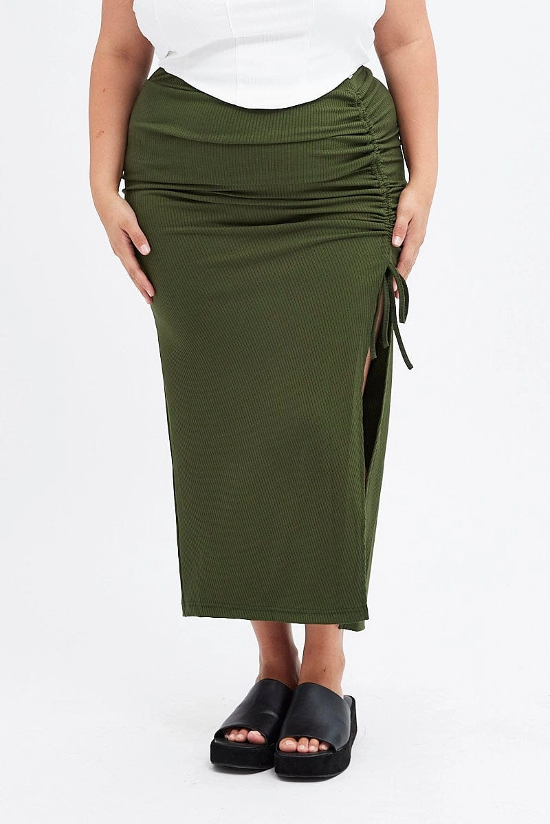 Breezy Style Invisible Seams Green Rib Jersey Side Gathering Midi Skirt