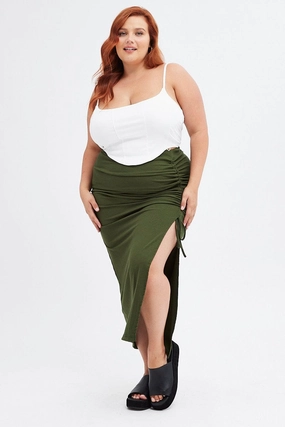 Daily Style Edgy Look Green Rib Jersey Side Gathering Midi Skirt