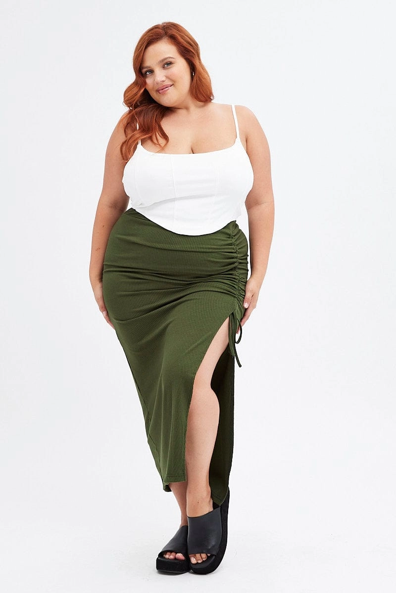 Green Rib Jersey Side Gathering Midi Skirt Wedding guest