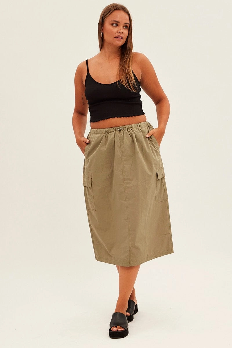 Faux Leather Green Parachute Midi Skirt