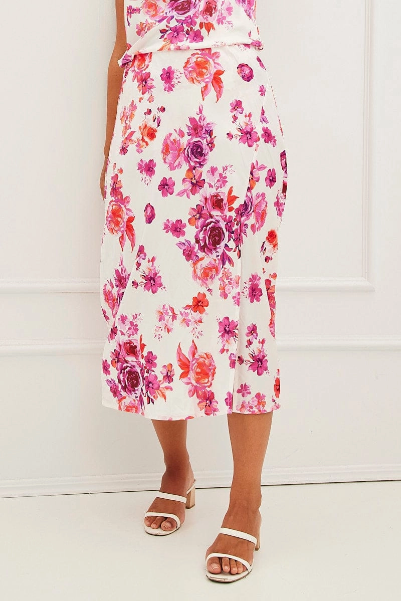 Ventilated Slits Pink Floral Midi Skirt High Waist Split Satin