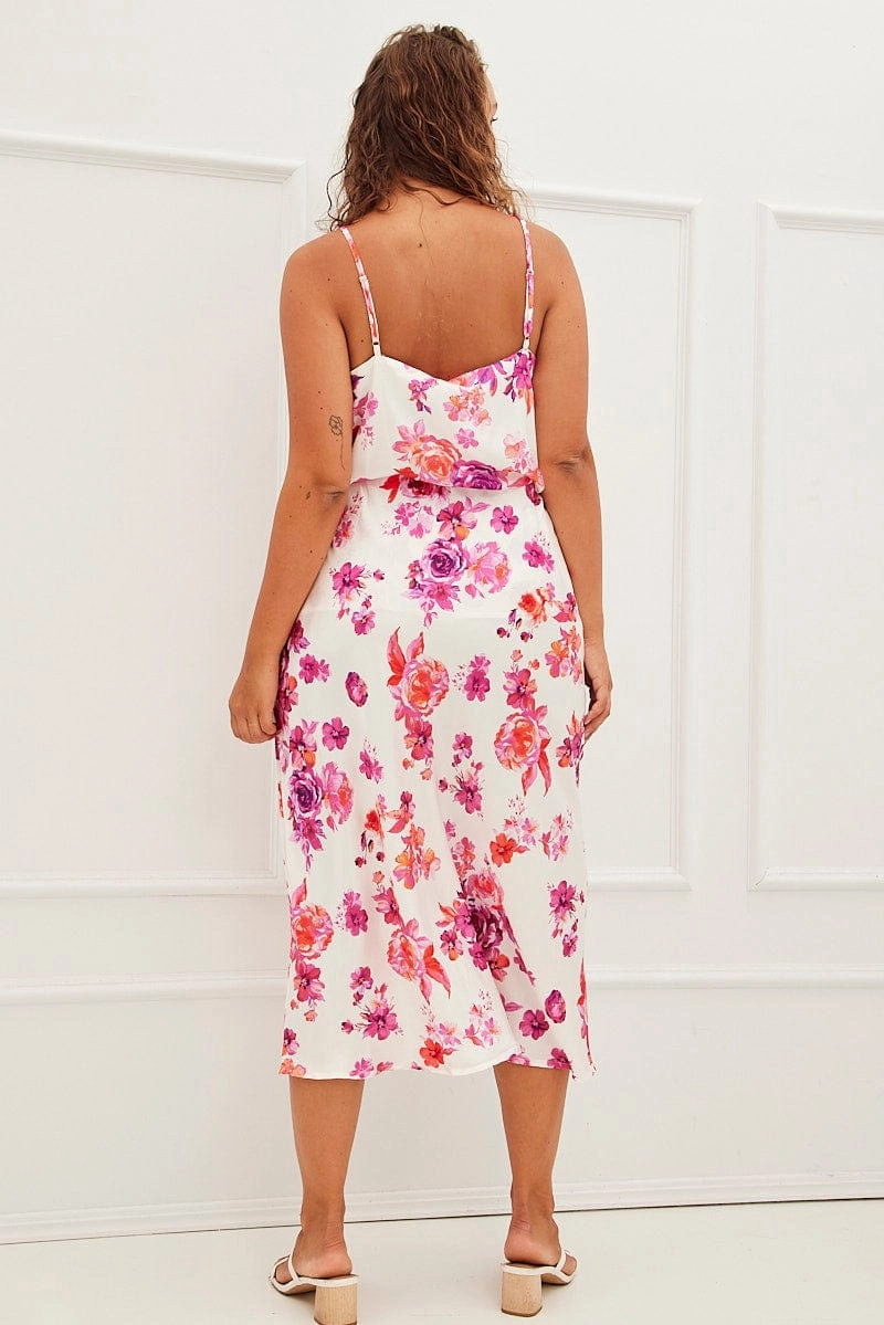 quick dry Future Fashion Pink Floral Midi Skirt High Waist Split Satin