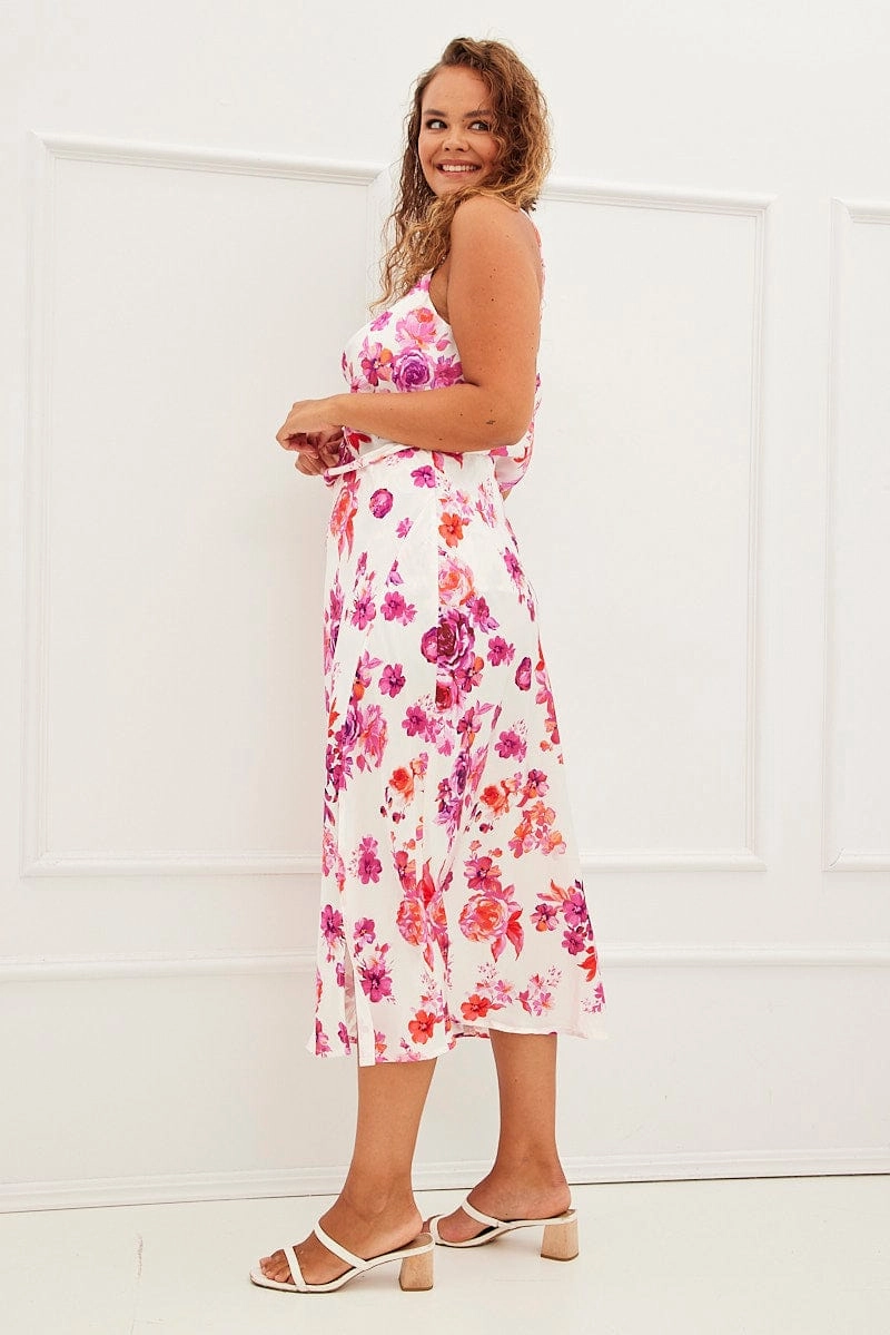Light Wear Inverted Pleats Pink Floral Midi Skirt High Waist Split Satin