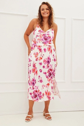 Easy Layer Pink Floral Midi Skirt High Waist Split Satin