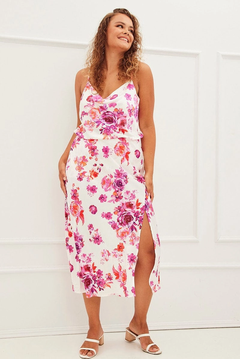 Hemp Blend Pink Floral Midi Skirt High Waist Split Satin