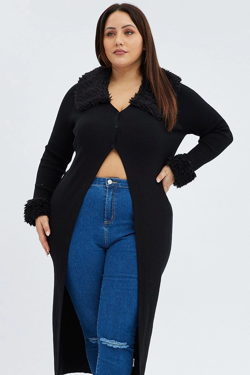 Crisp Walk Look Minimalist Aesthetic Black Longline Knit Cardigan Faux Fur Trim Ribbed