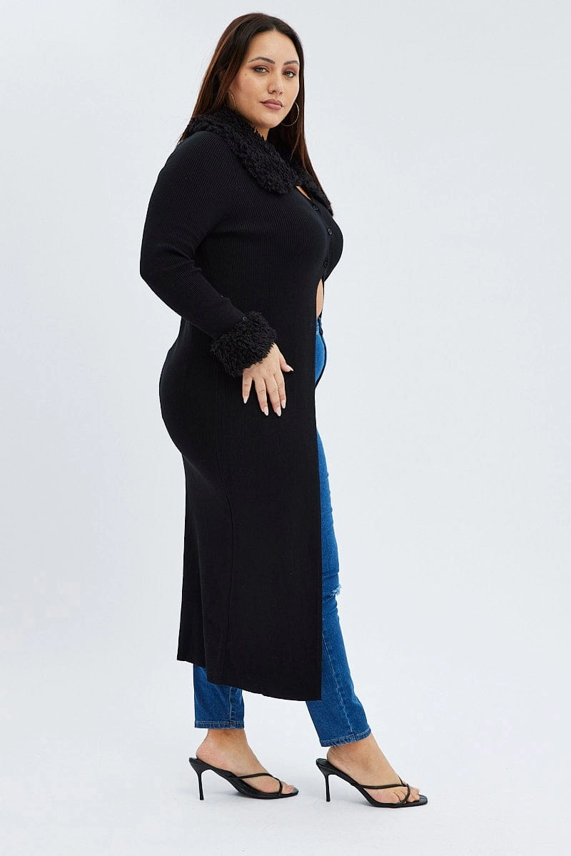 Layered Collar Design Airtight Fasteners Black Longline Knit Cardigan Faux Fur Trim Ribbed