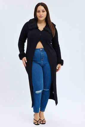 Abrasion Proof Shoulders Double Layered Collar Black Longline Knit Cardigan Faux Fur Trim Ribbed