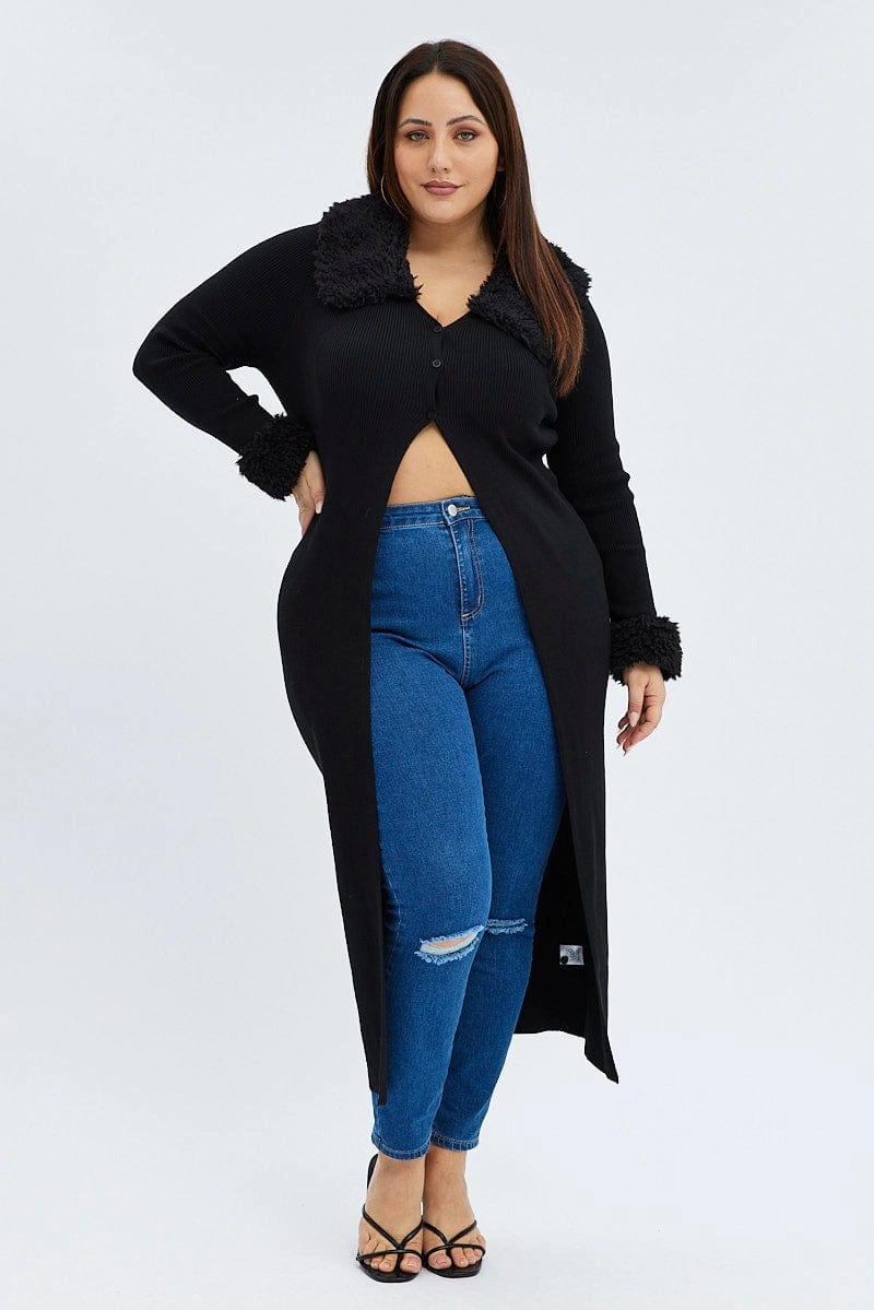 Modular Attachments Ergonomic Shoulder Fit Black Longline Knit Cardigan Faux Fur Trim Ribbed