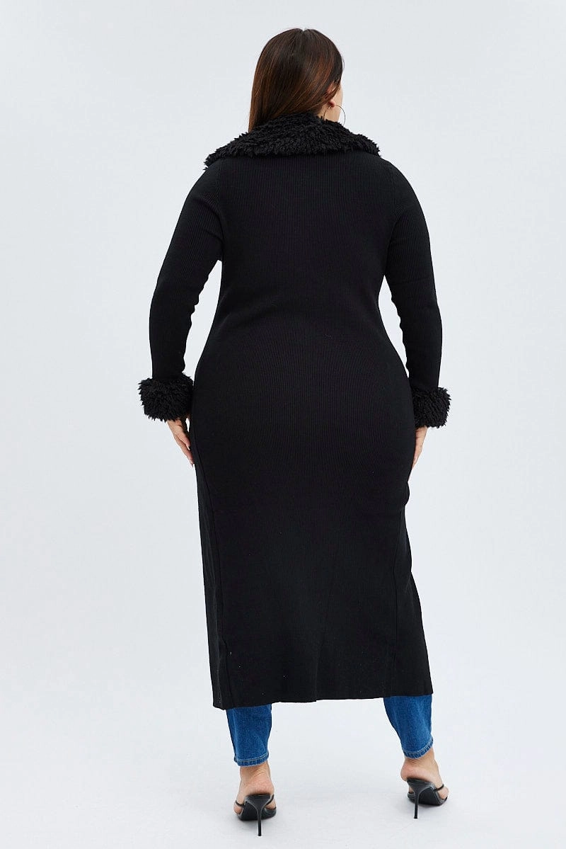 Frictionless Inner Layer Black Longline Knit Cardigan Faux Fur Trim Ribbed