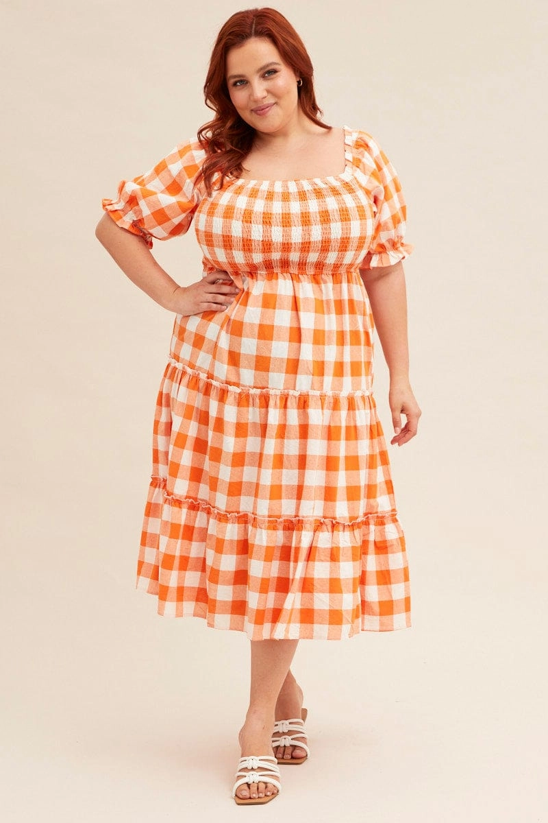 Check Short Sleeve Check Shirred Midi Dress Urban Classic