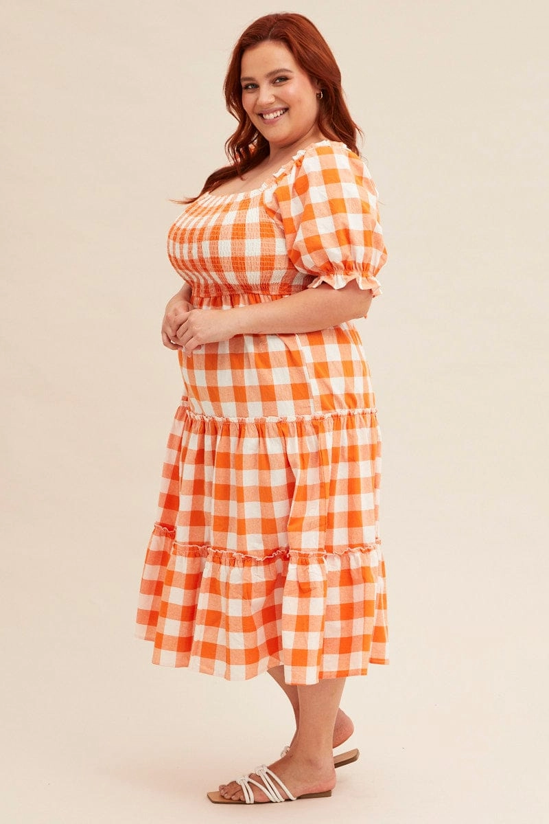 Chilly Weather Comfort All Timewear Check Short Sleeve Check Shirred Midi Dress