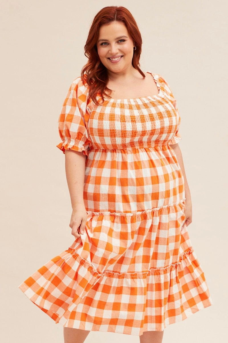 Calm Fit Perfect Proportion Check Short Sleeve Check Shirred Midi Dress