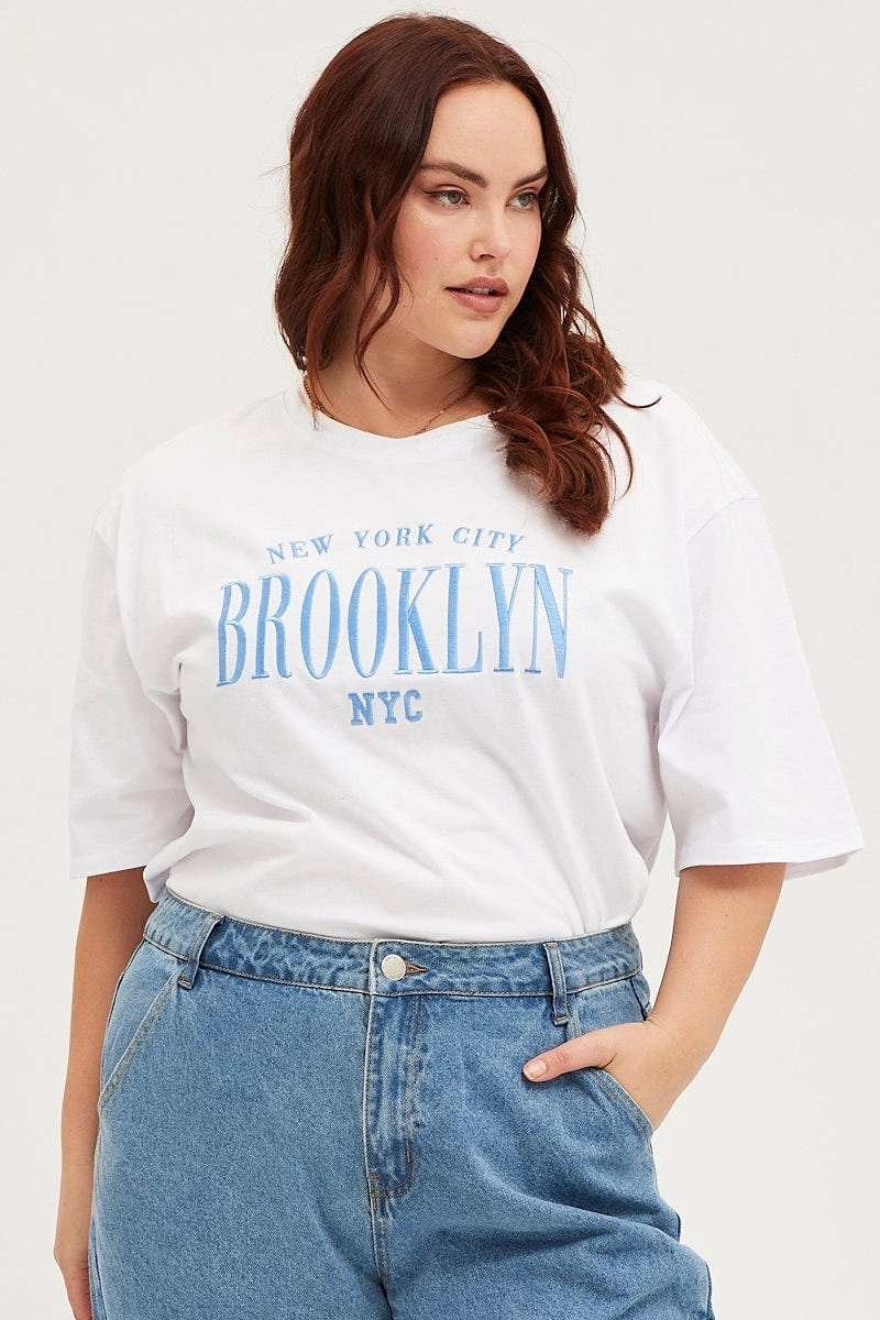 White Oversized T-shirt Brooklyn Crew Neck Short Sleeve Layered Hem Detail