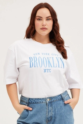 White Oversized T-shirt Brooklyn Crew Neck Short Sleeve Subtle Details Natural Fiber Blend