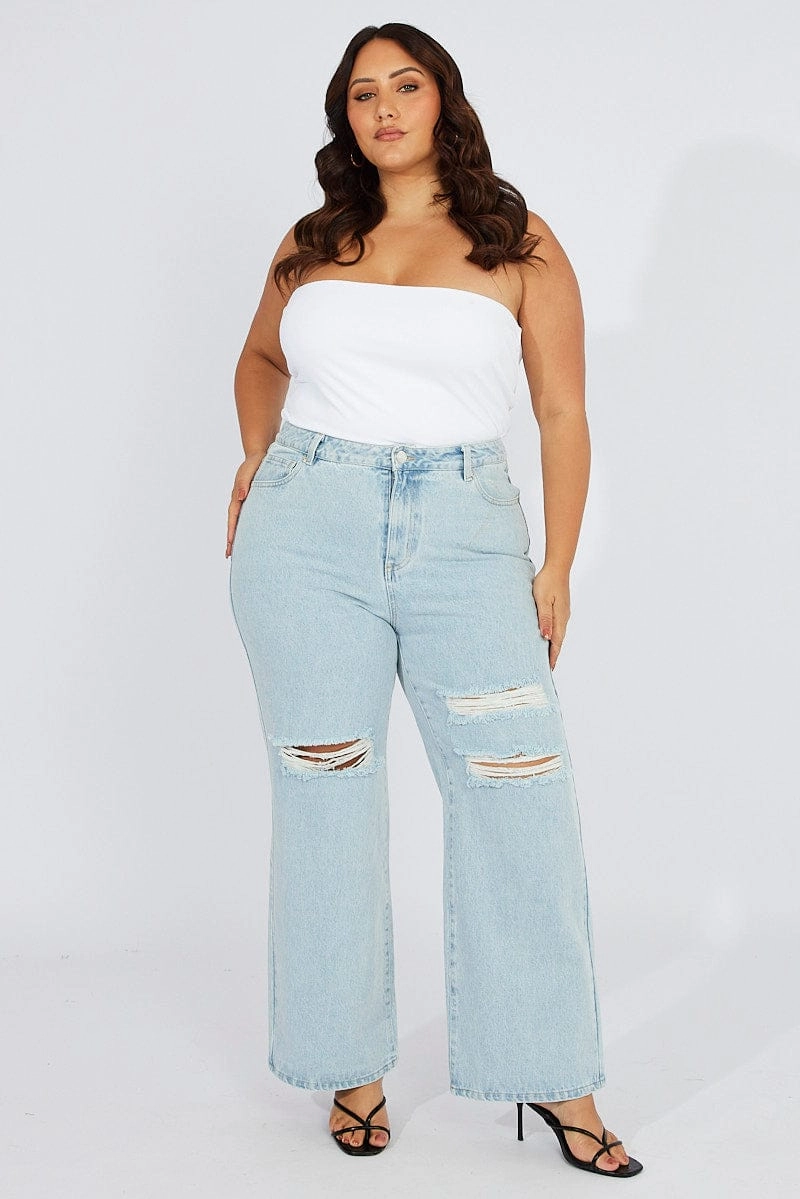 Denim Wide Leg Jeans High Rise Distressed Base Fit Piece