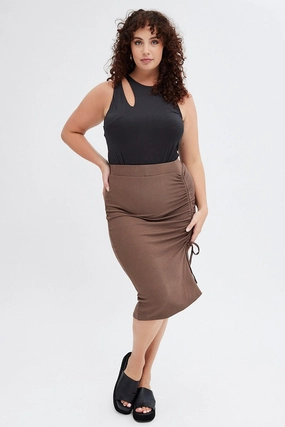 Wrap Closure Brown Bodycon Midi Skirt Drawstring Rib