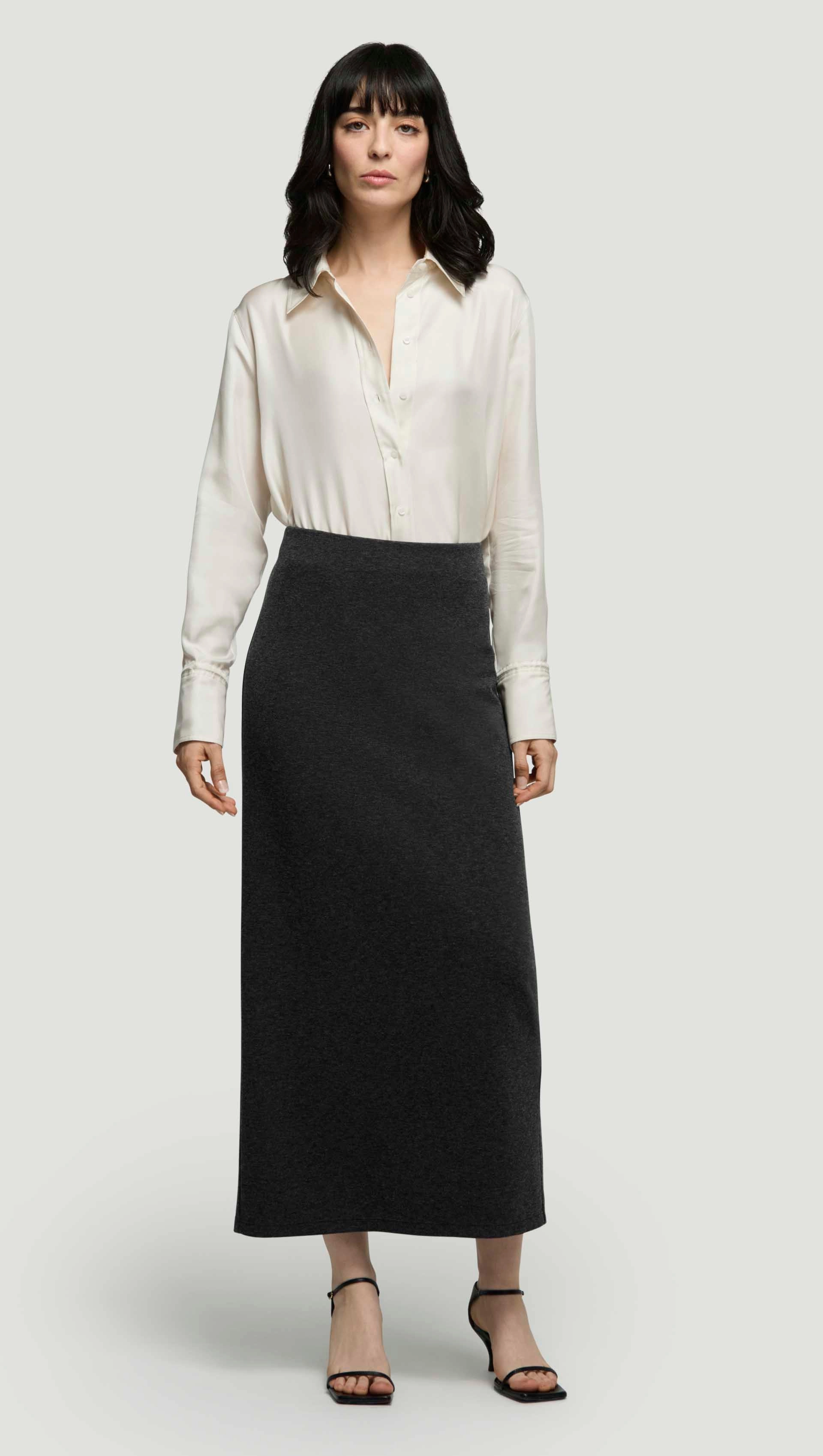 smooth zipper Slim Skirt in Wool Jersey | Dark Grey Melange