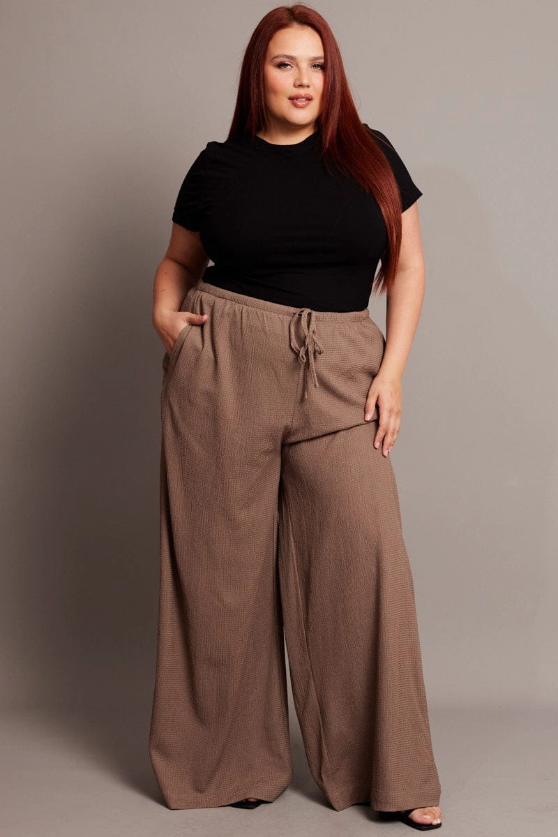 Brown Wide Leg Pants High Rise Textured Fabric LightweightConstruction Cozy and Soft