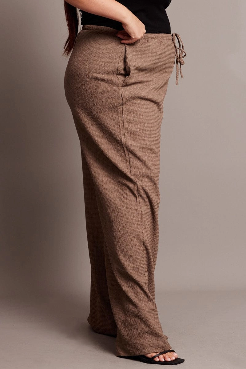 Brown Wide Leg Pants High Rise Textured Fabric Comfort Focused