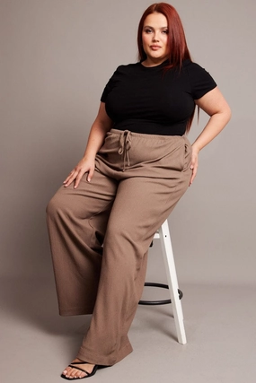 Non Restrictive Cut Durable Seam Construction Brown Wide Leg Pants High Rise Textured Fabric